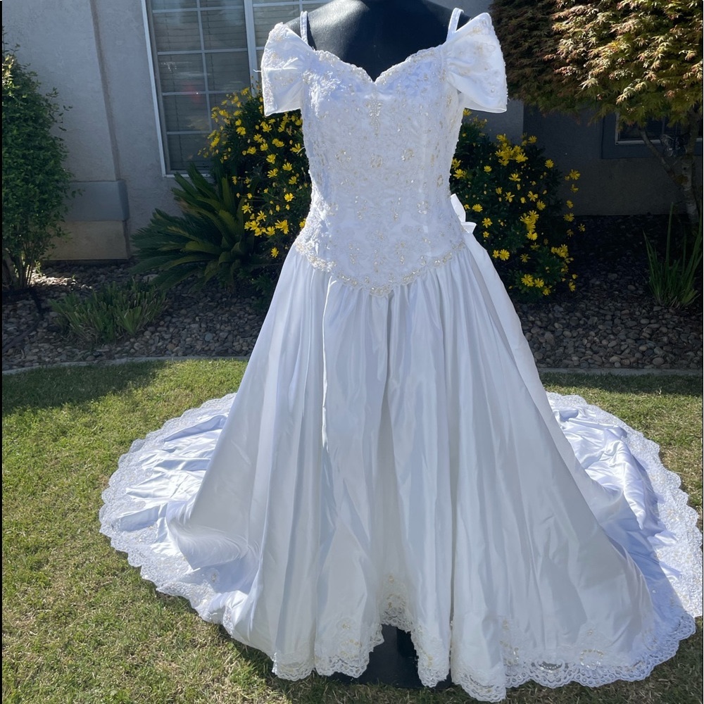 Off Shoulder Vintage Champagne beading, lace and pearl detailing, long train.